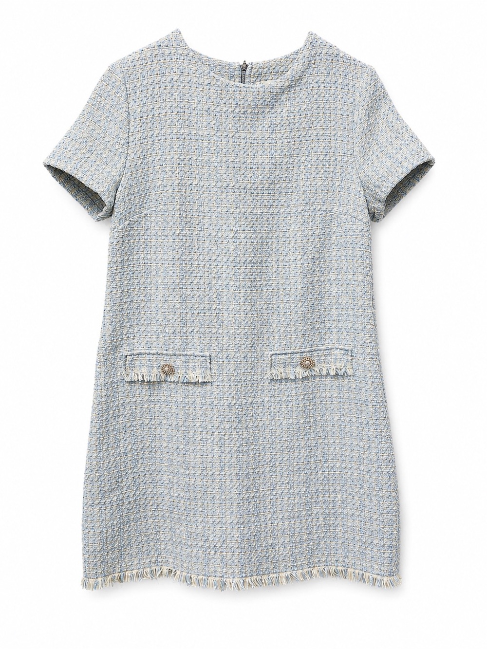 Bebop Tweed Shift Dress Light Blue & White Frayed Hem Short Sleeve Women’s Size